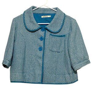 Tullette‎ Juniors Knit Blazer Jacket L Blue Retro Peter Pan Collar Large Buttons
